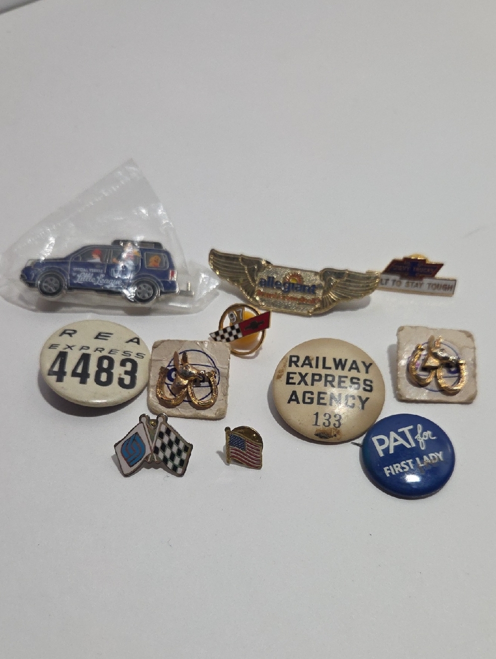 Vintage Mixed Pinback Lot — Patriotic, Railway & Automotive Pins